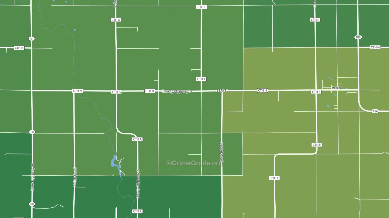 Bethel, WI Map of Vehicle Theft Rates
