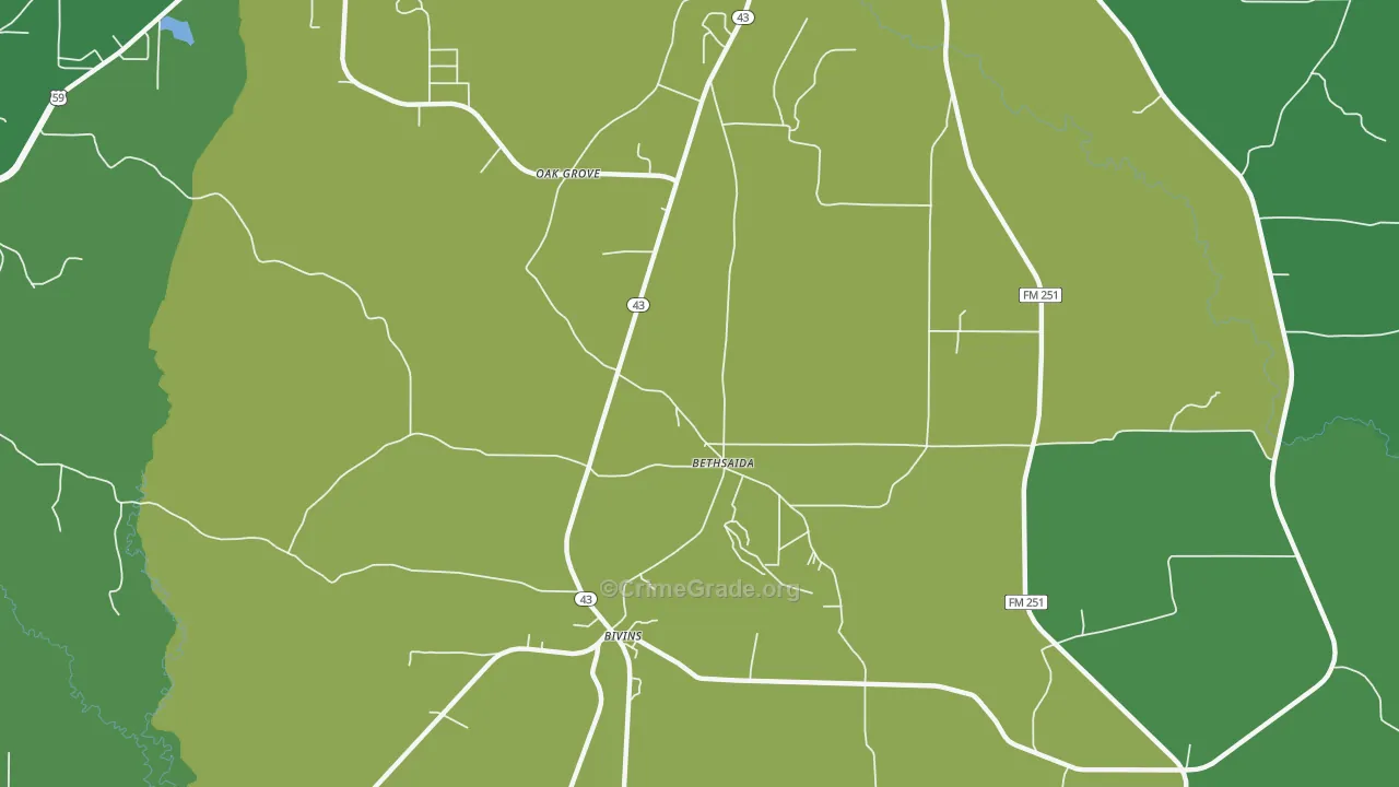 Bethsaida, TX Map of Vehicle Theft Rates