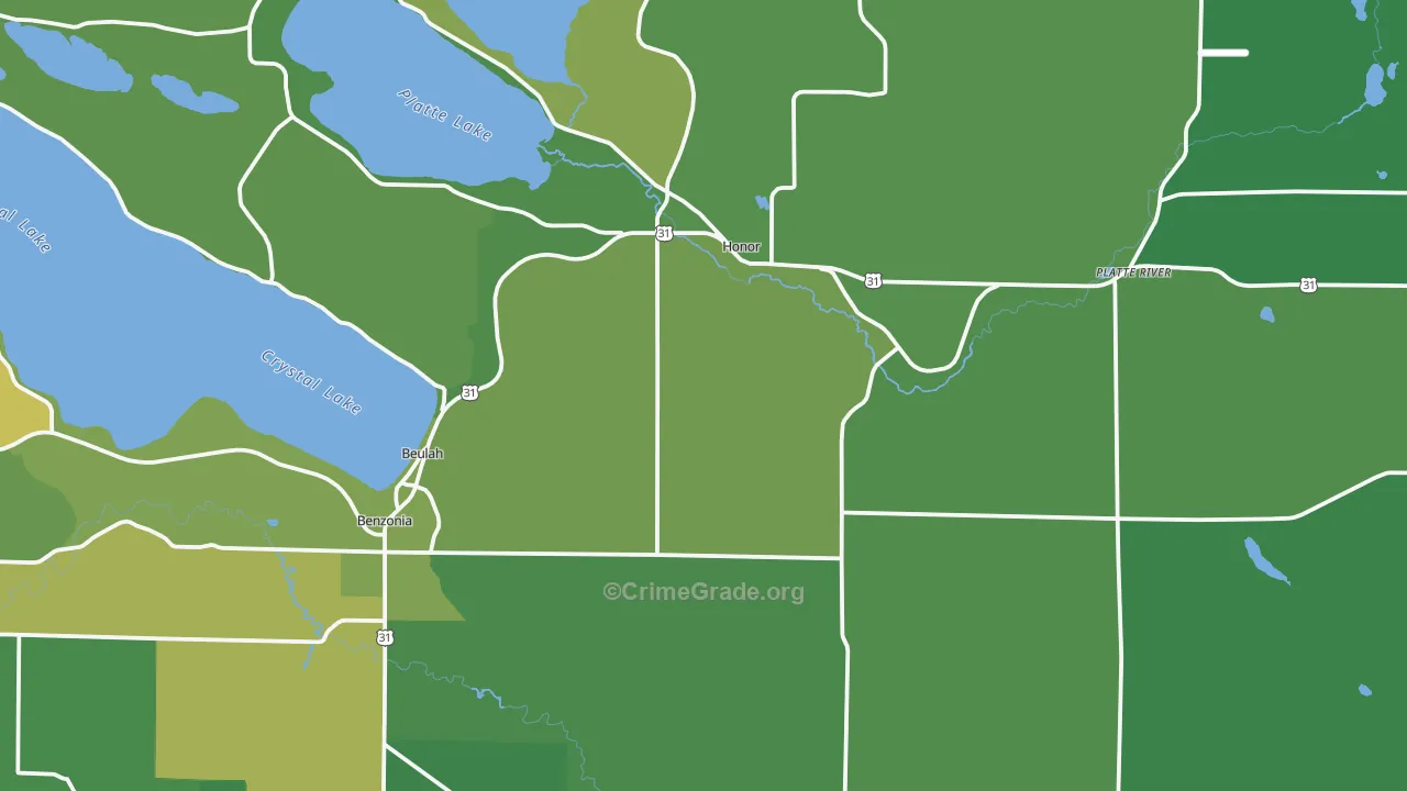 Beulah, MI Map of Vehicle Theft Rates