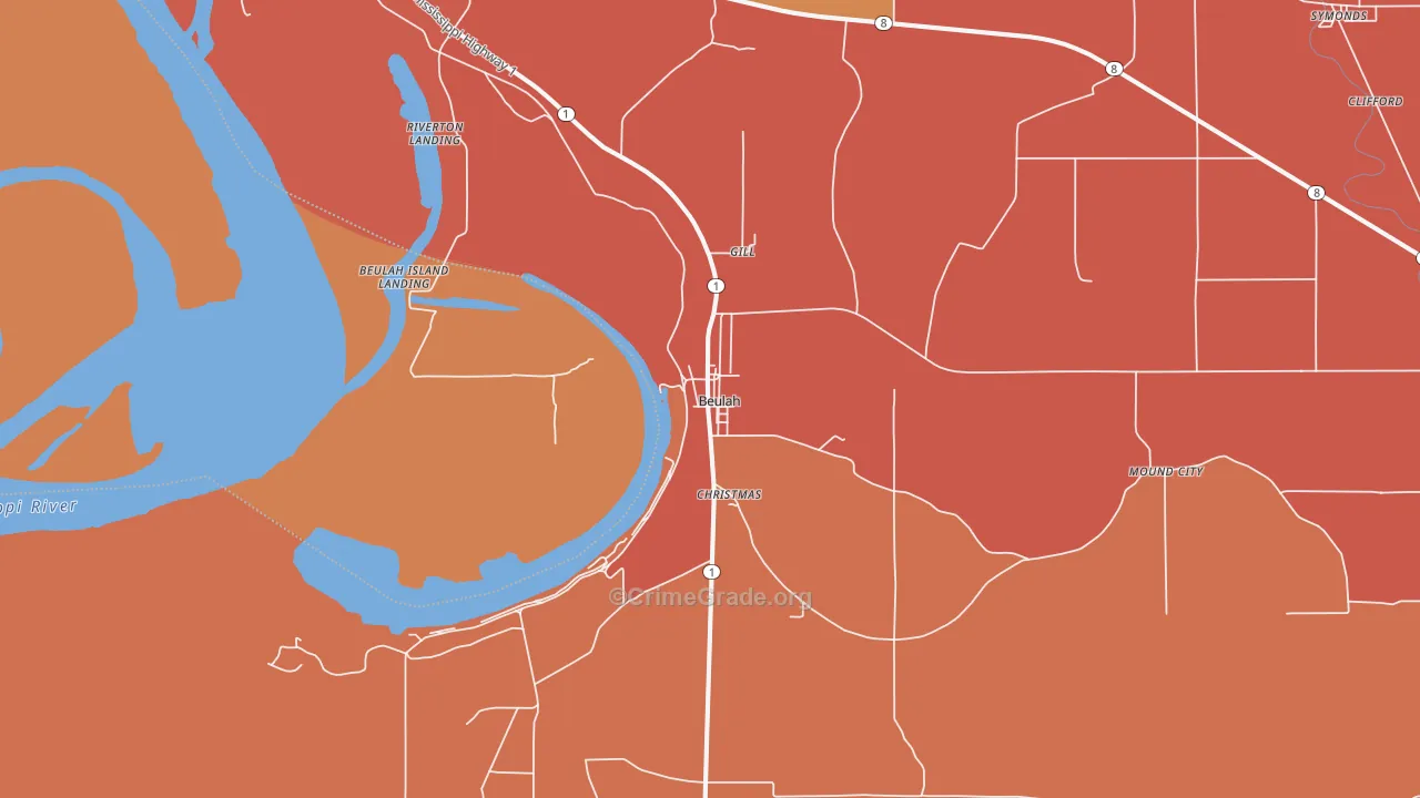 Beulah, MS Map of Vehicle Theft Rates