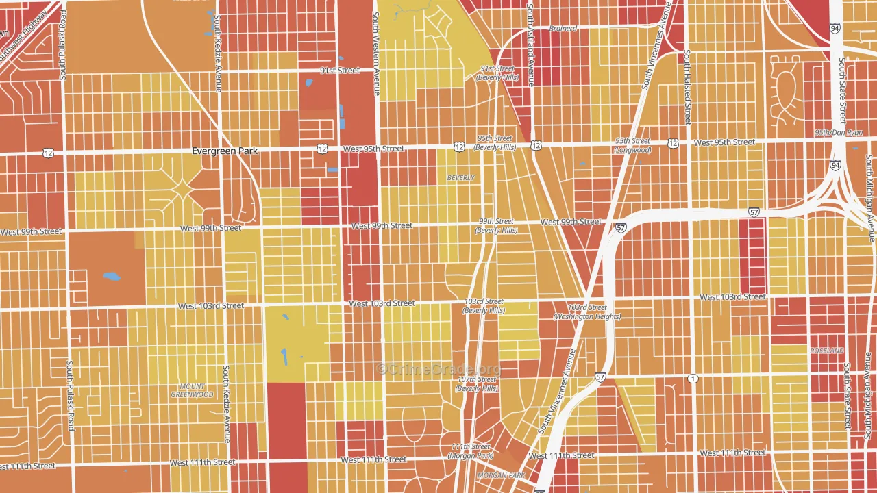 Beverly, Chicago, IL Map of Vehicle Theft Rates