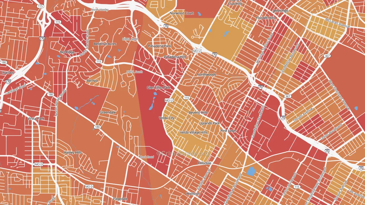 Beverly Hills, MO Map of Vehicle Theft Rates