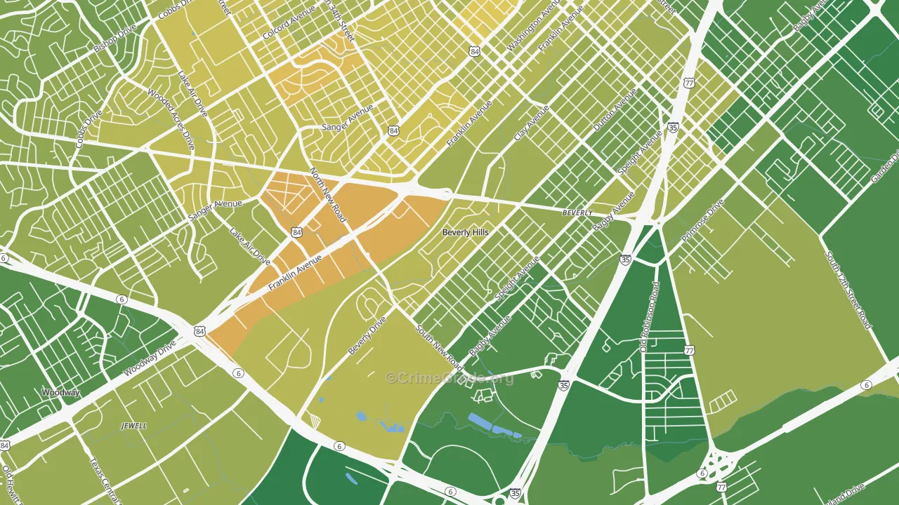 Beverly Hills, TX Map of Vehicle Theft Rates
