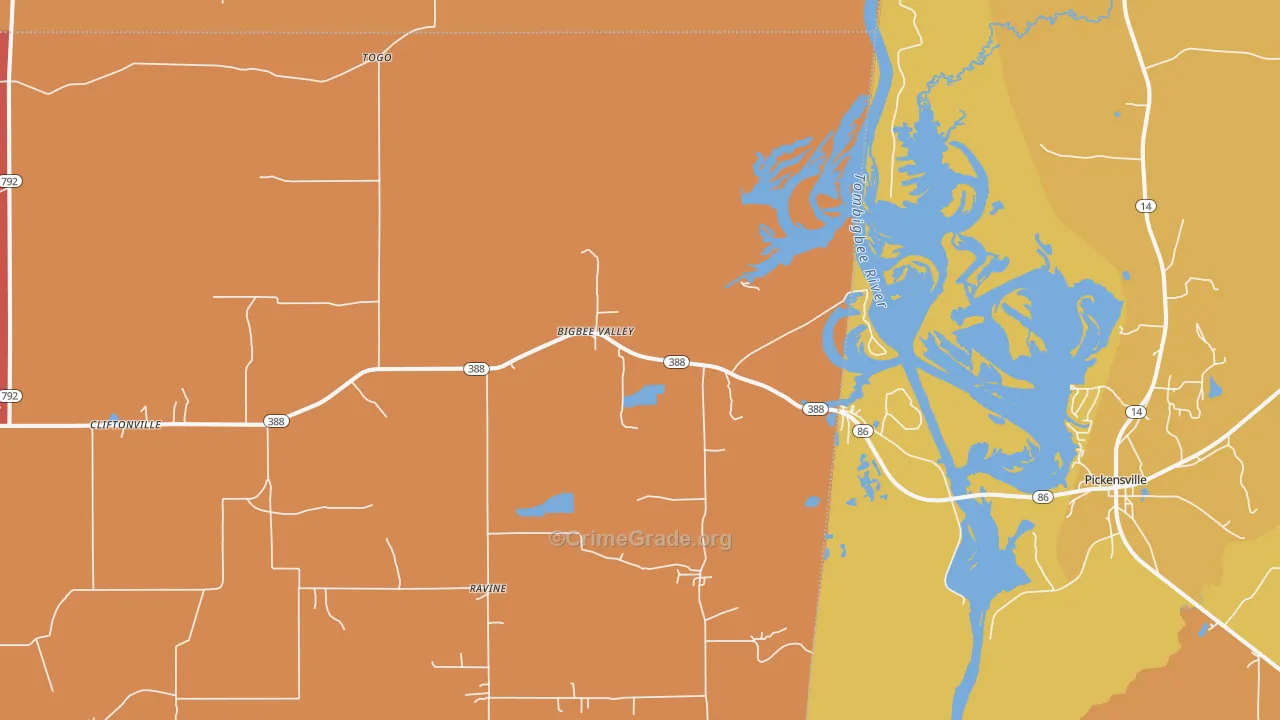Bigbee Valley, MS Map of Vehicle Theft Rates