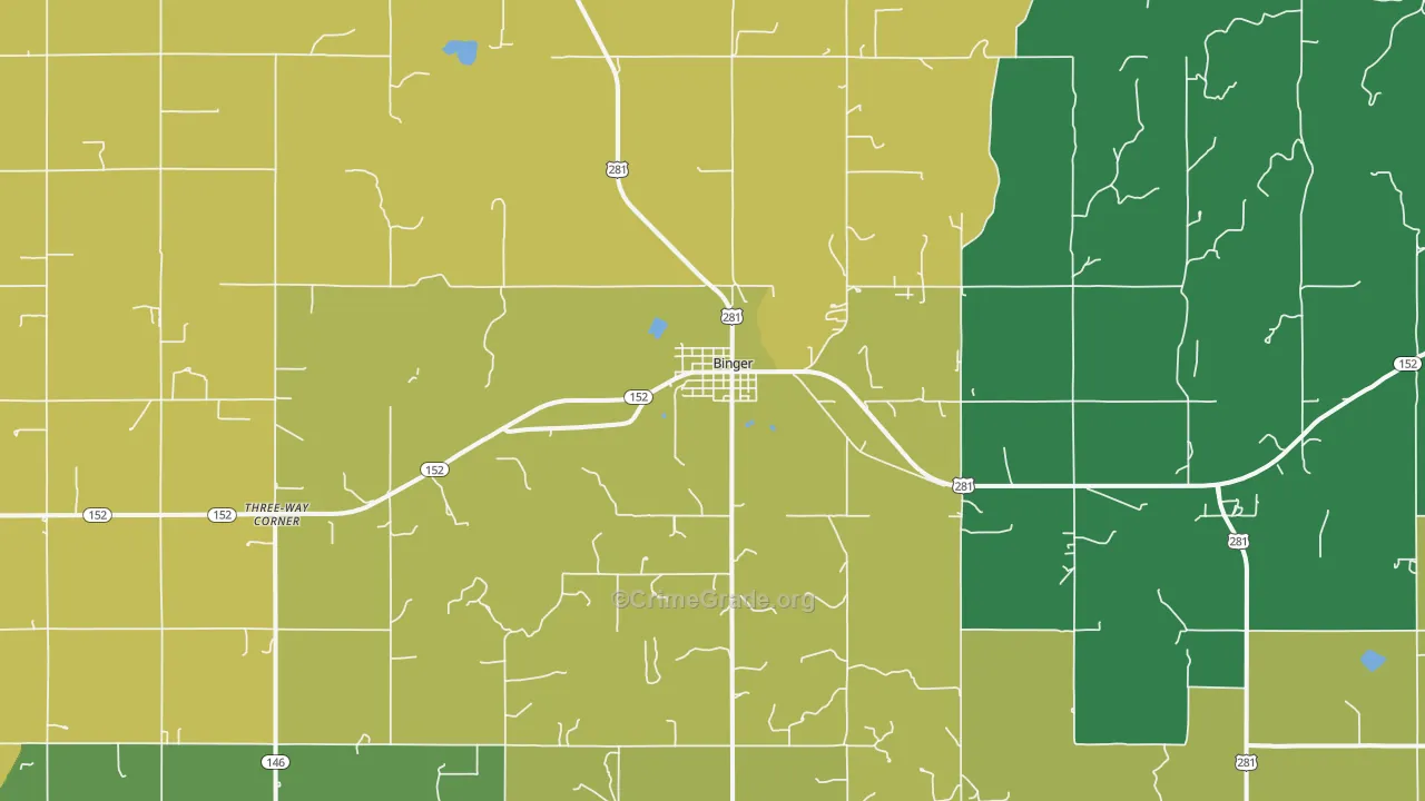 Binger, OK Map of Vehicle Theft Rates