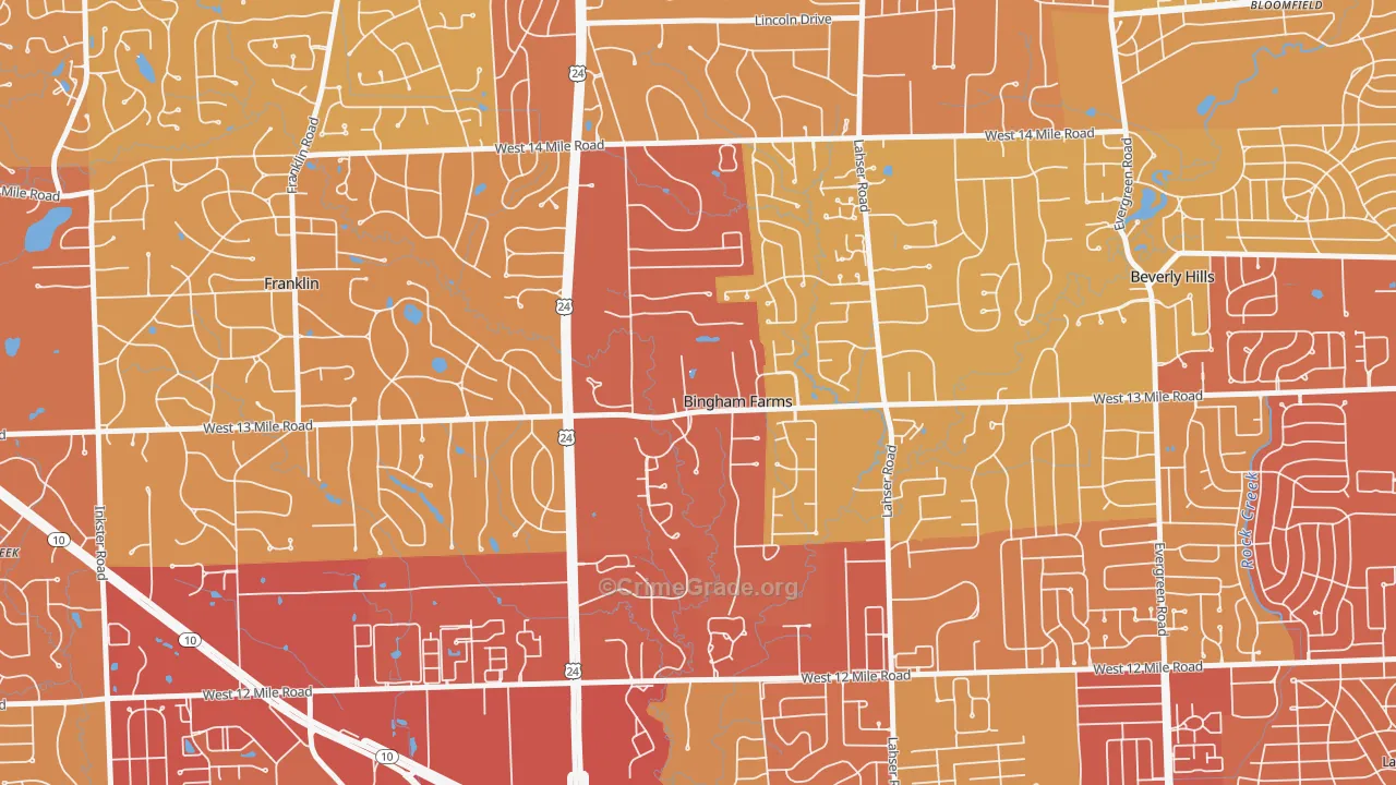 Bingham Farms, MI Map of Vehicle Theft Rates