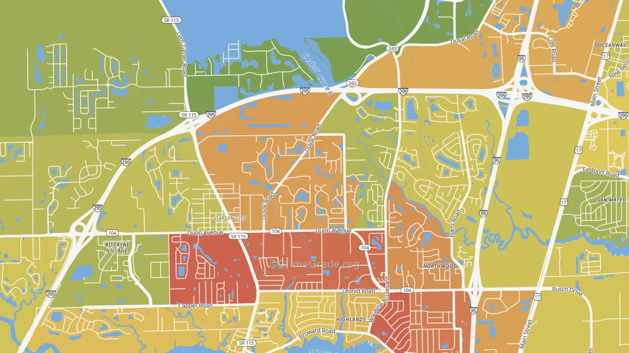 Biscayne, Jacksonville, FL Map of Vehicle Theft Rates