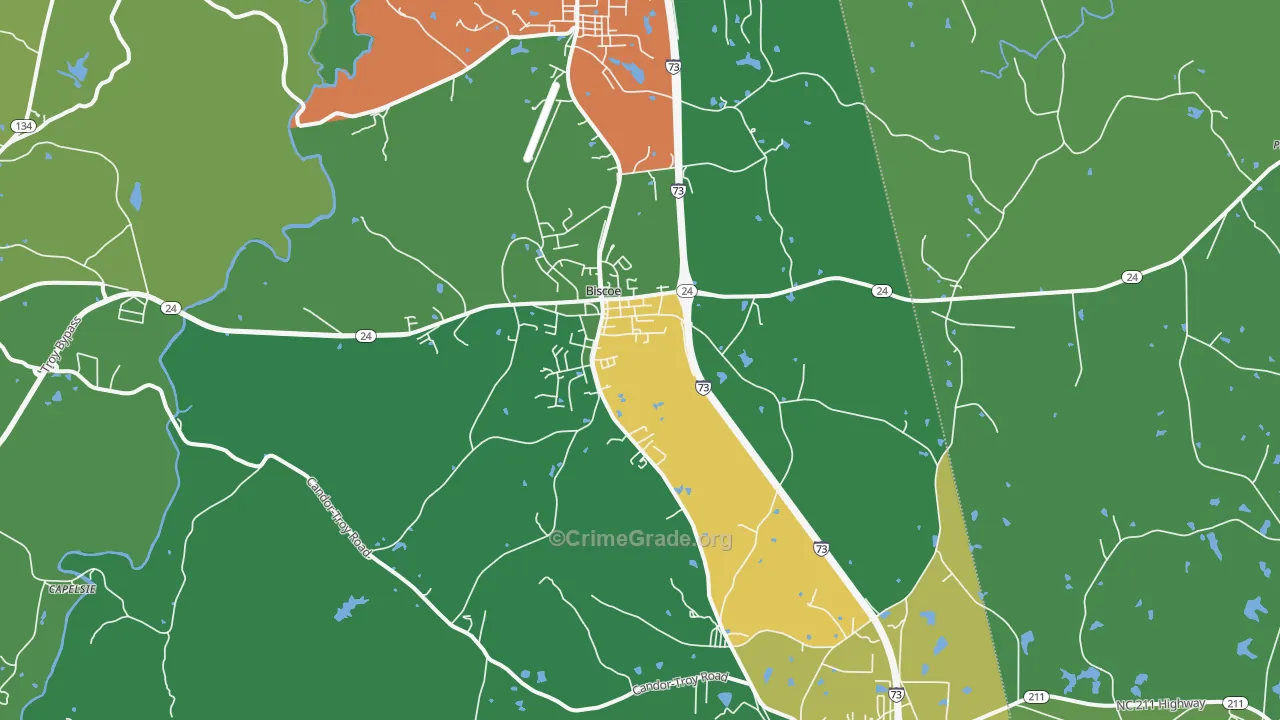Biscoe, NC Map of Vehicle Theft Rates