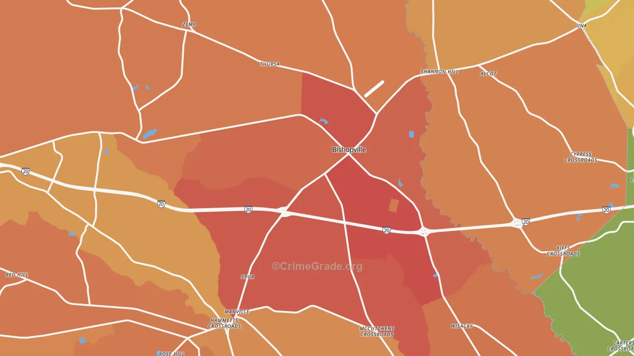 Bishopville, SC Map of Vehicle Theft Rates