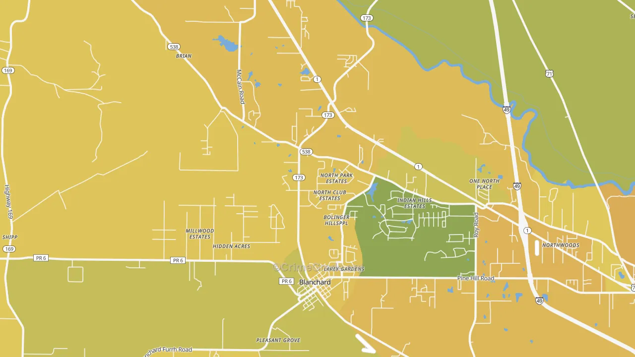 Blanchard, LA Map of Vehicle Theft Rates