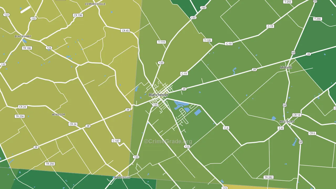 Blanchester, OH Map of Vehicle Theft Rates