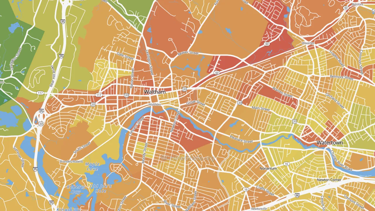 Bleachery, Waltham, MA Map of Vehicle Theft Rates