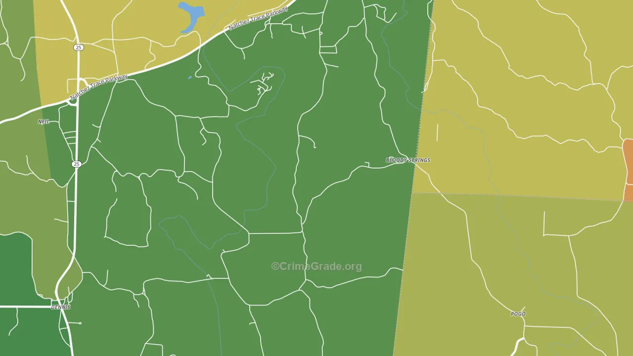 Bloody Springs, MS Map of Vehicle Theft Rates