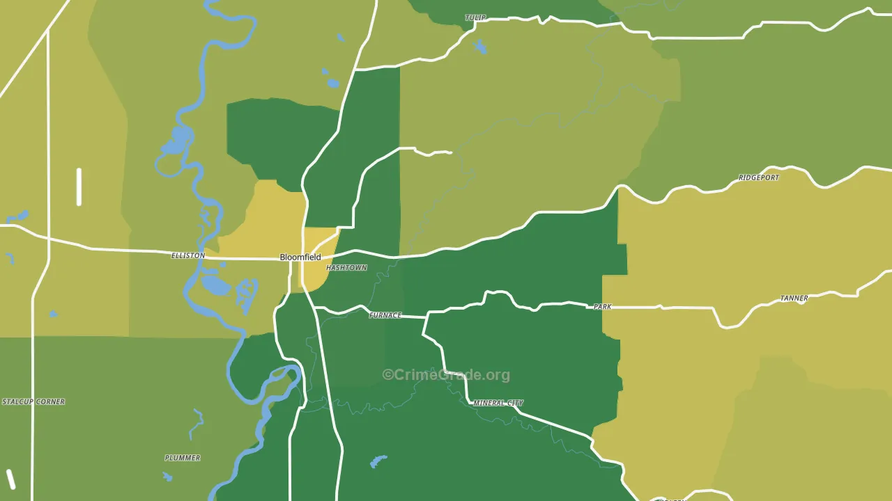 Bloomfield, IN Map of Vehicle Theft Rates