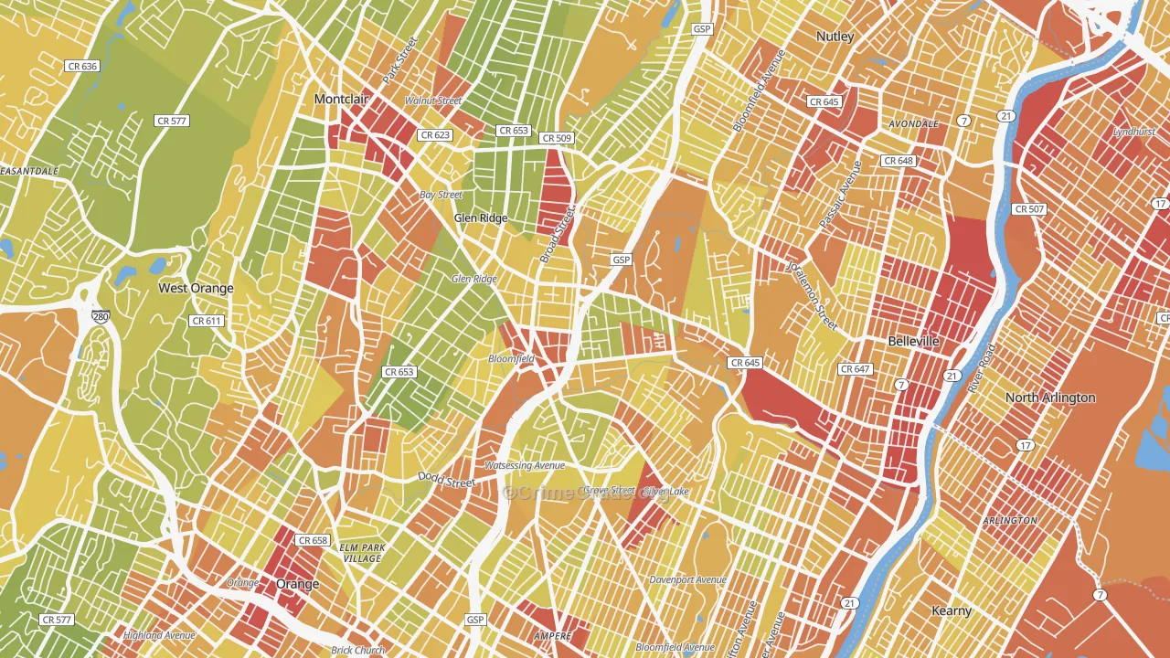 Bloomfield, NJ Map of Vehicle Theft Rates