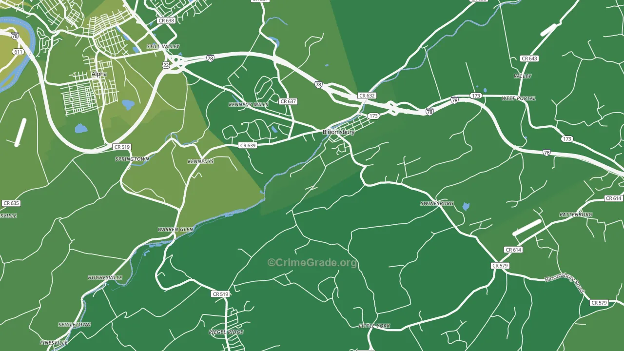 Bloomsbury, NJ Map of Vehicle Theft Rates