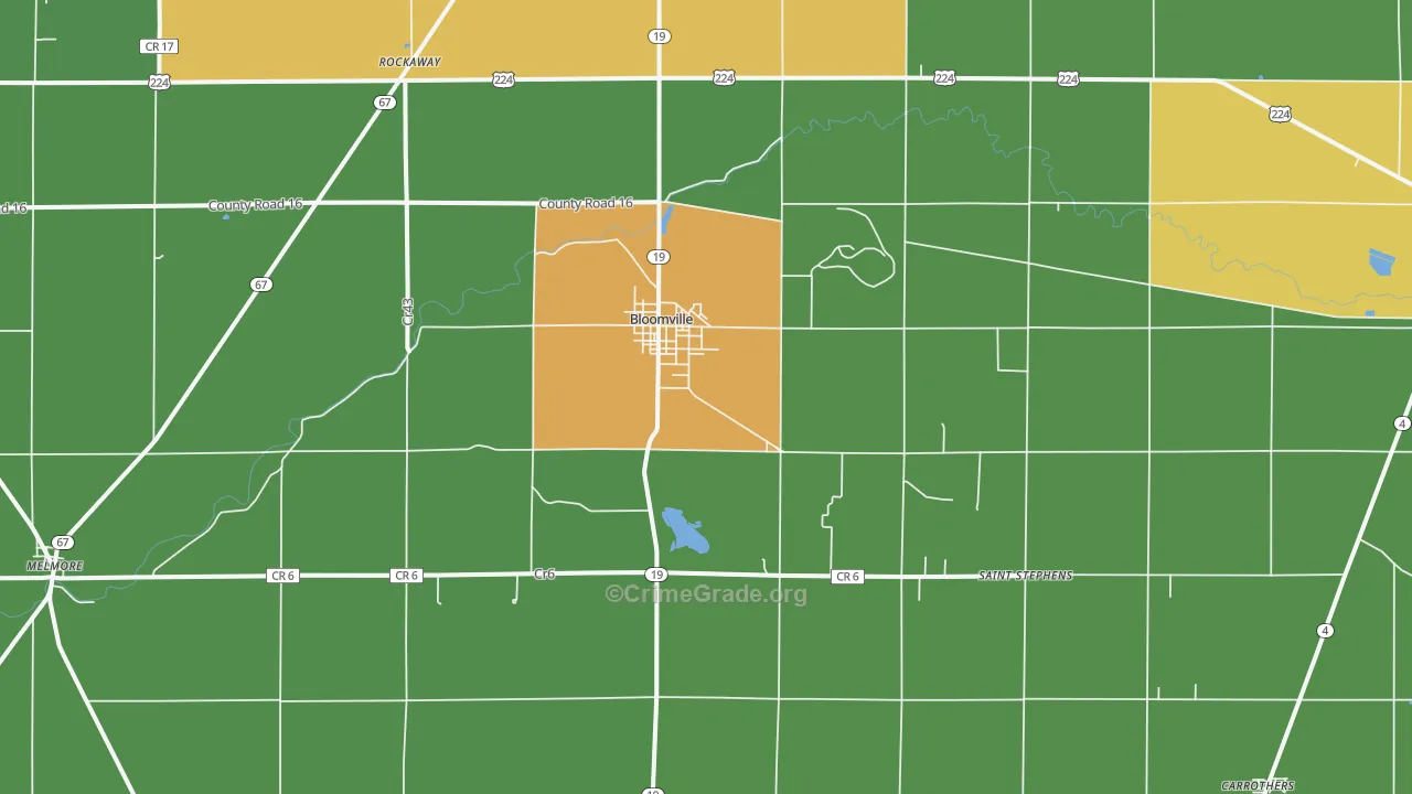 Bloomville, OH Map of Vehicle Theft Rates