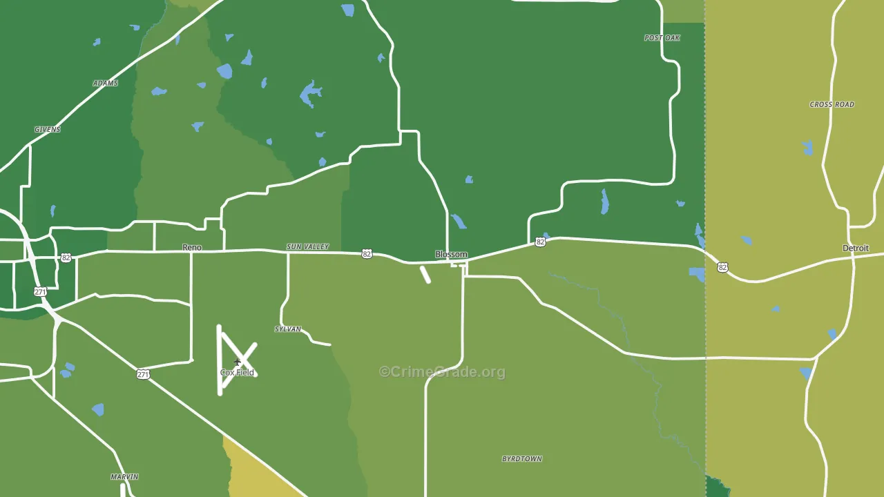 Blossom, TX Map of Vehicle Theft Rates