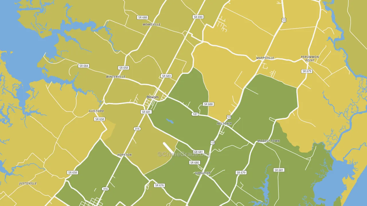 Bloxom, VA Map of Vehicle Theft Rates