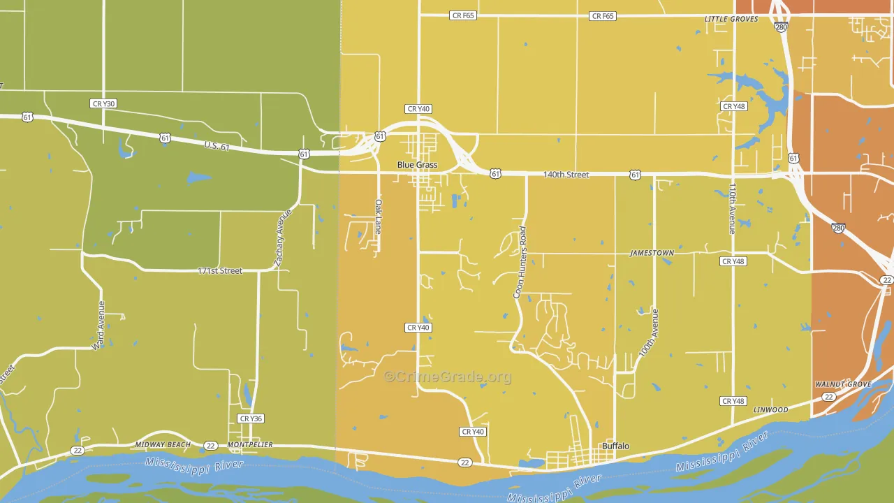 Blue Grass, IA Map of Vehicle Theft Rates