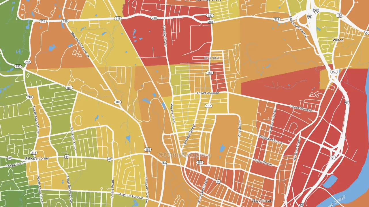 Blue Hills, Hartford, CT Map of Vehicle Theft Rates