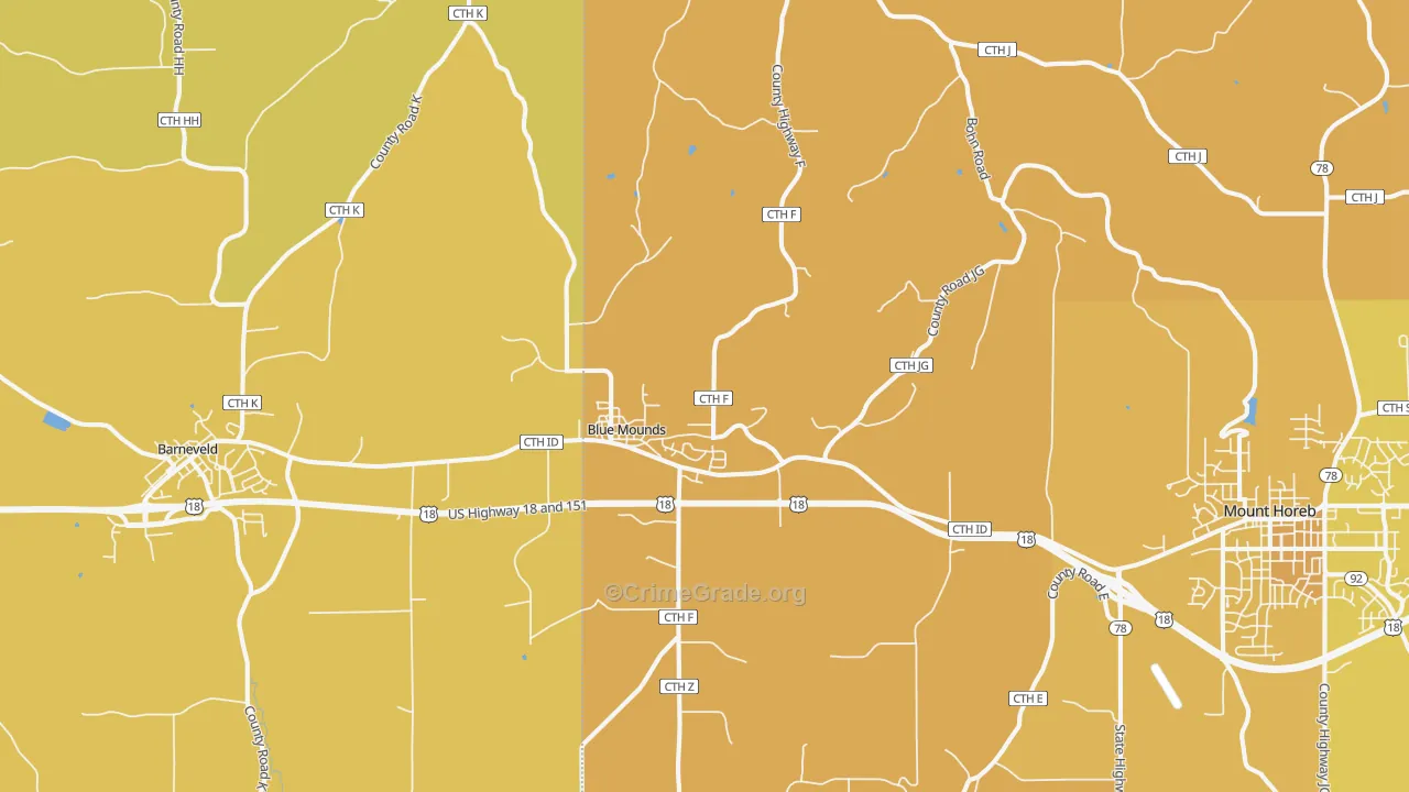 Blue Mounds, WI Map of Vehicle Theft Rates