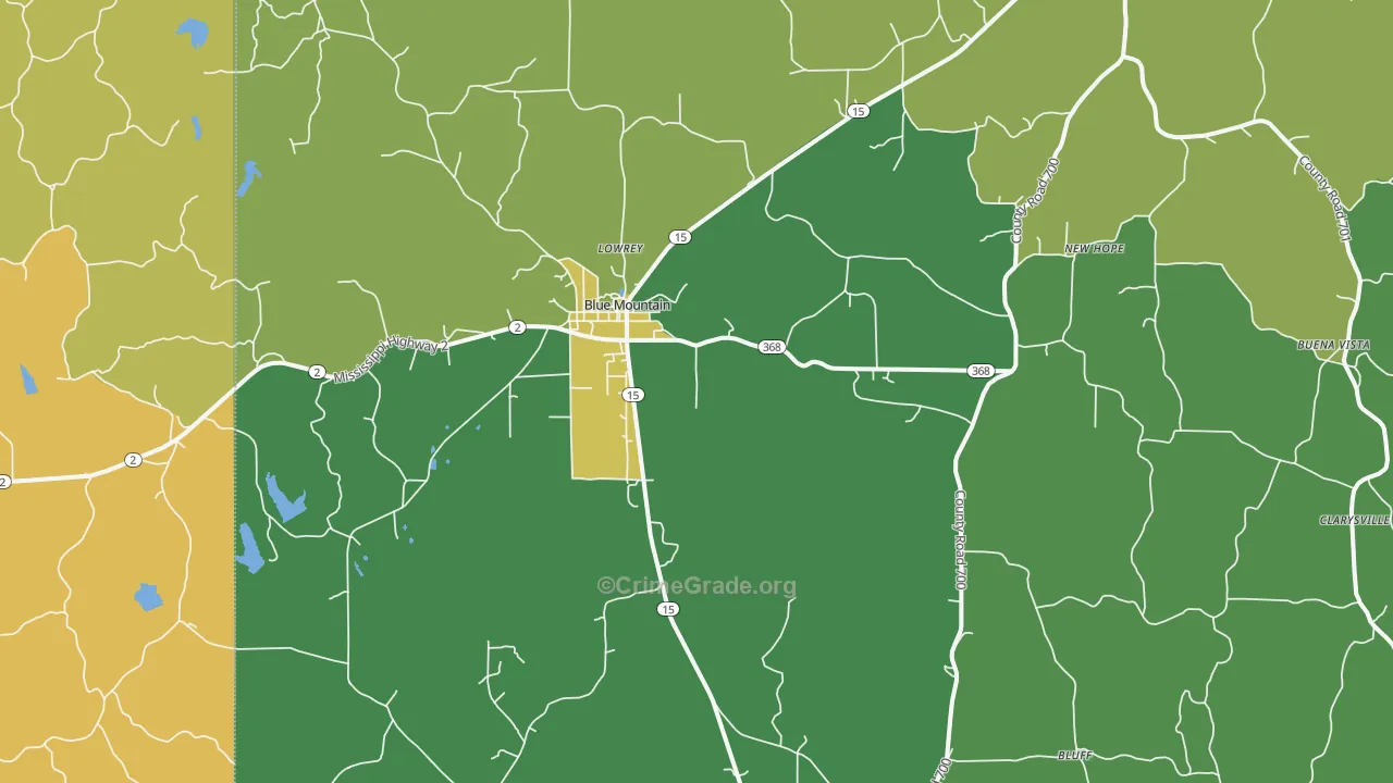 Blue Mountain, MS Map of Vehicle Theft Rates