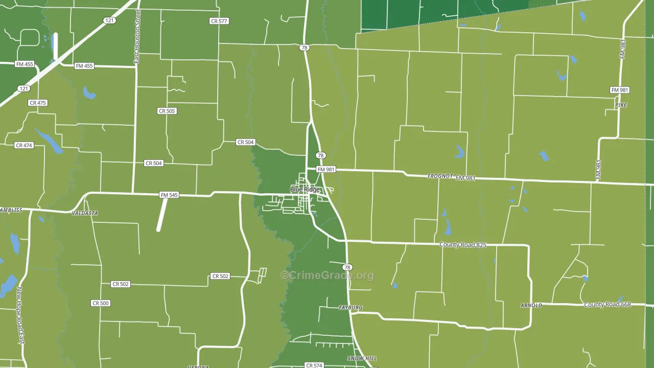Blue Ridge, TX Map of Vehicle Theft Rates