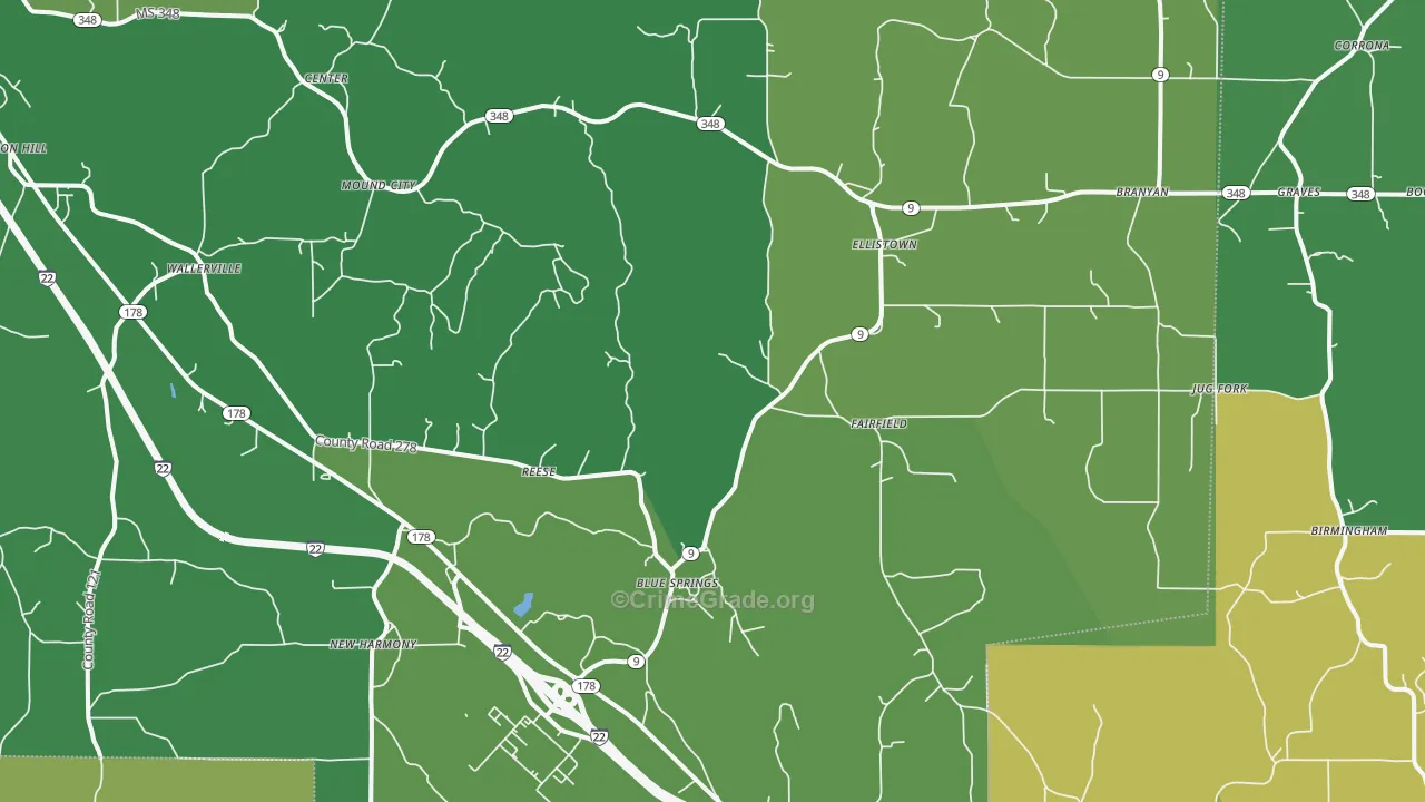 Blue Springs, MS Map of Vehicle Theft Rates