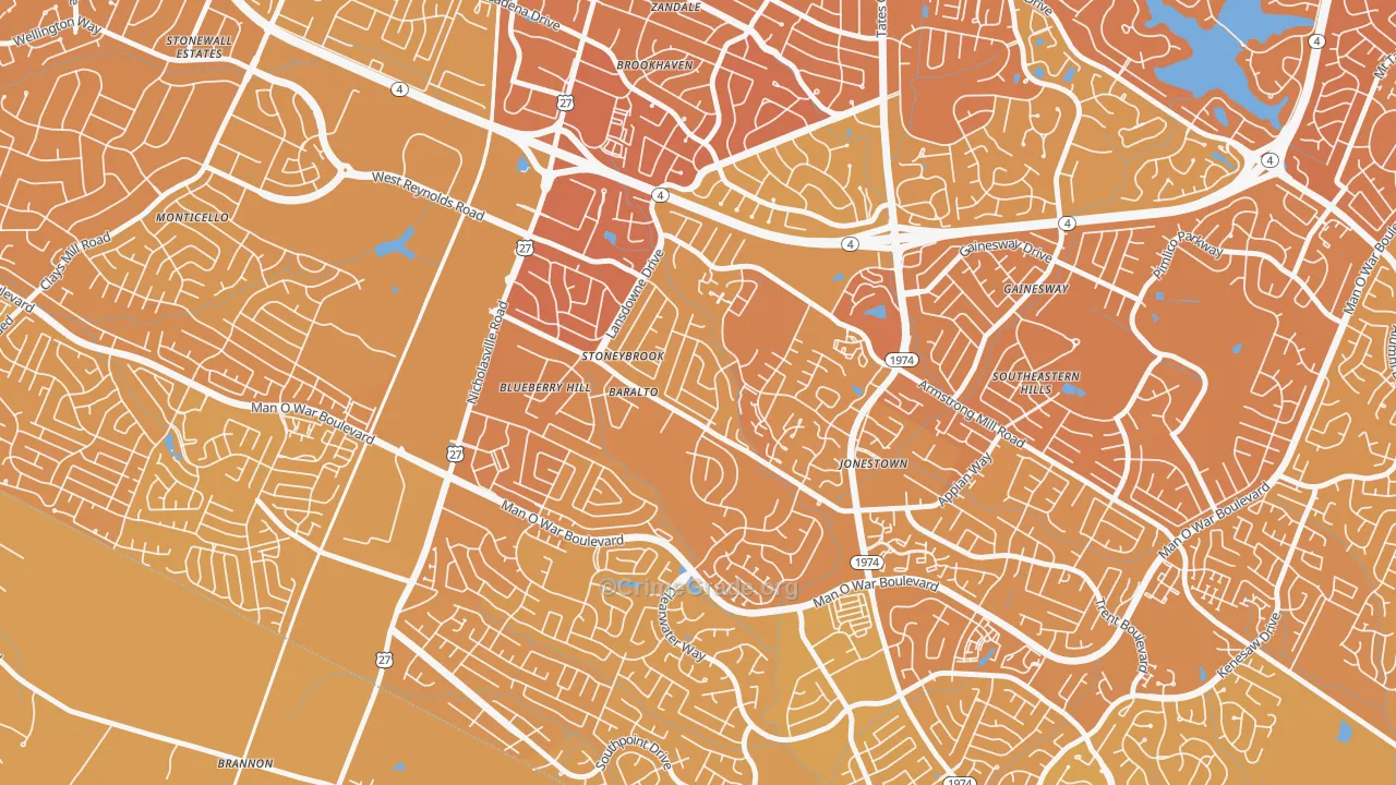 Blueberry Hill-Brigadoon-Stoneybrook, Lexington, KY Map of Vehicle Theft Rates