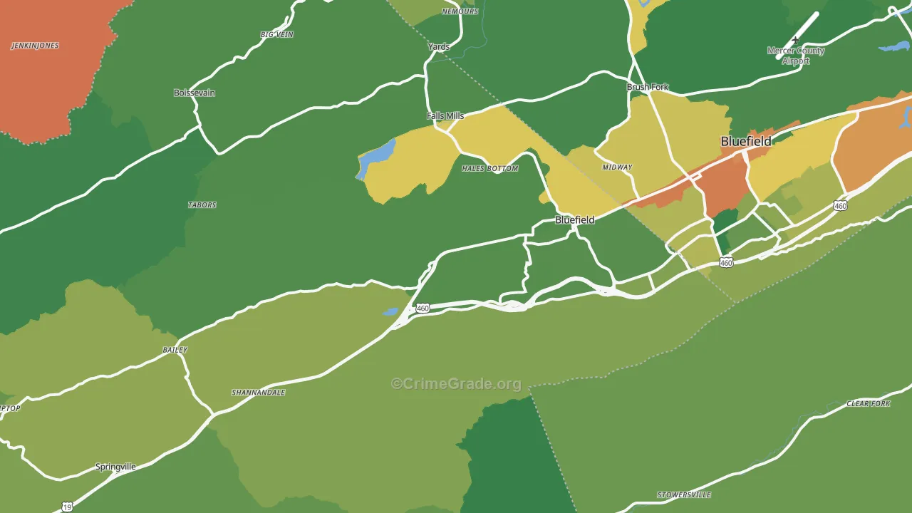 Bluefield, VA Map of Vehicle Theft Rates