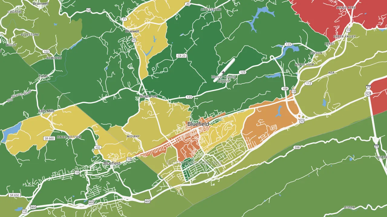 Bluefield, WV Map of Vehicle Theft Rates