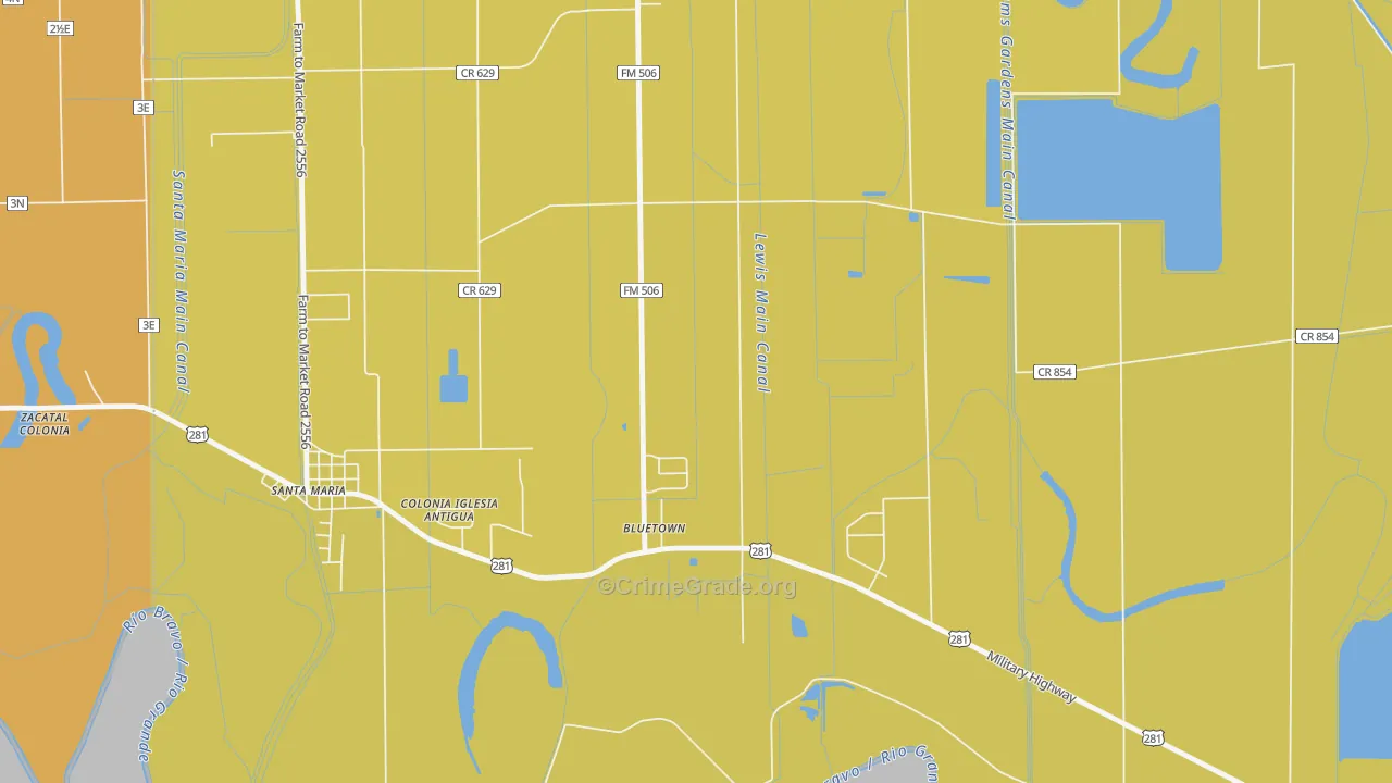 Bluetown, TX Map of Vehicle Theft Rates