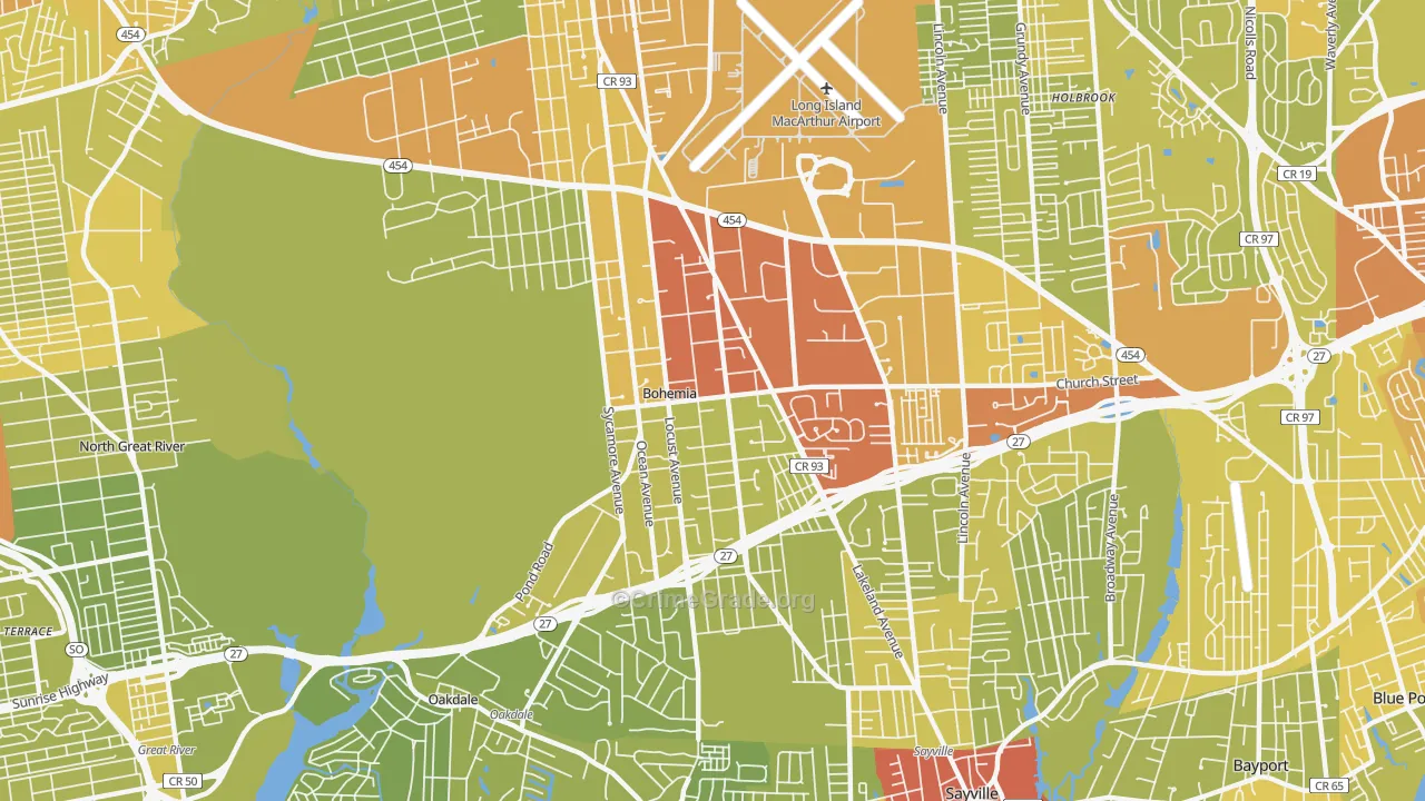 Bohemia, NY Map of Vehicle Theft Rates