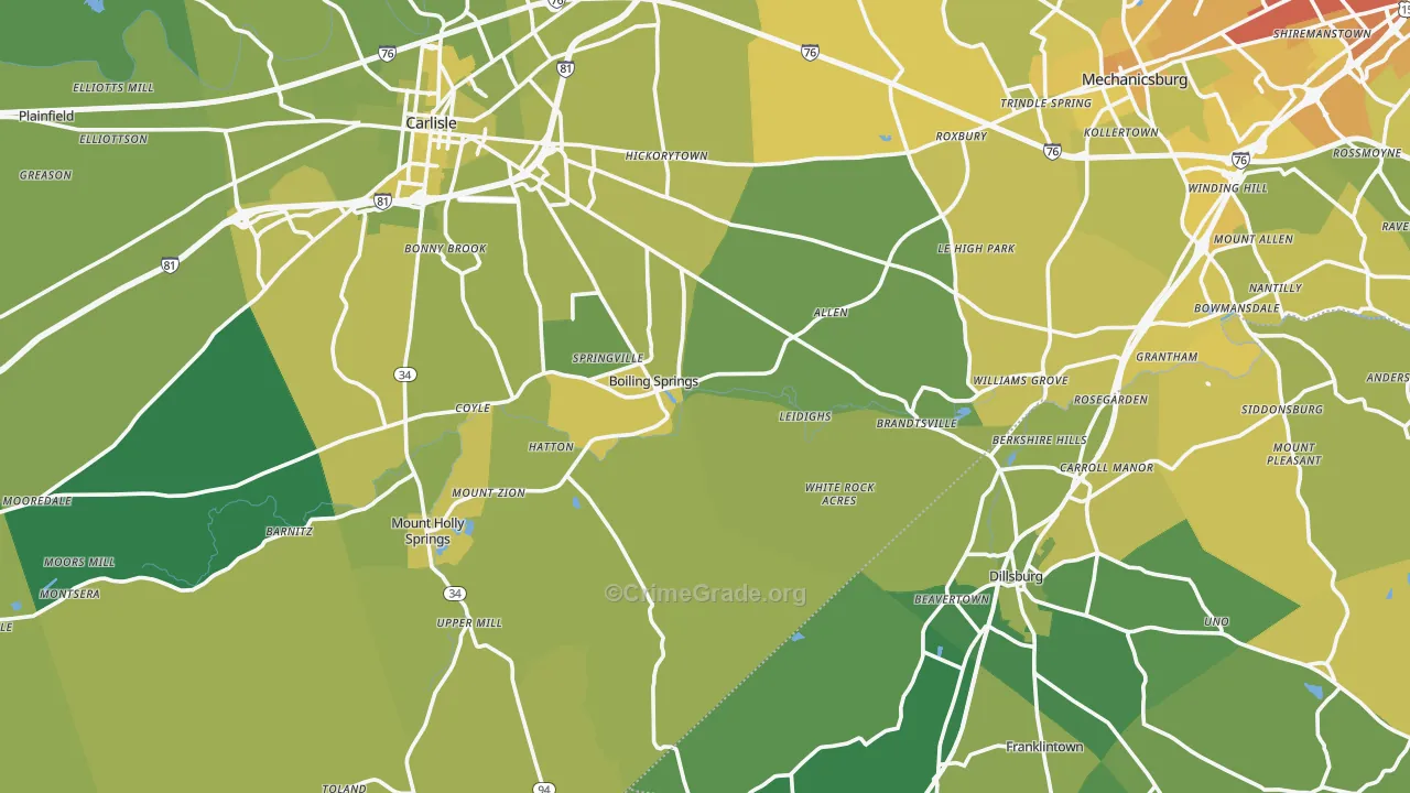 Boiling Springs, PA Map of Vehicle Theft Rates