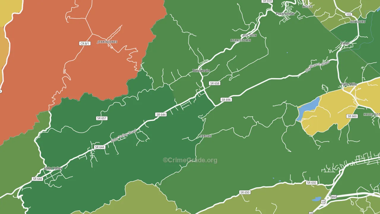 Boissevain, VA Map of Vehicle Theft Rates