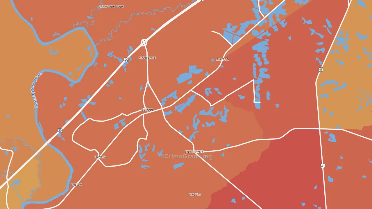 Boligee, AL Map of Vehicle Theft Rates