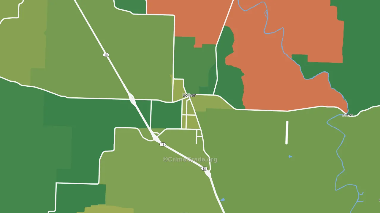 Bolivar, MO Map of Vehicle Theft Rates