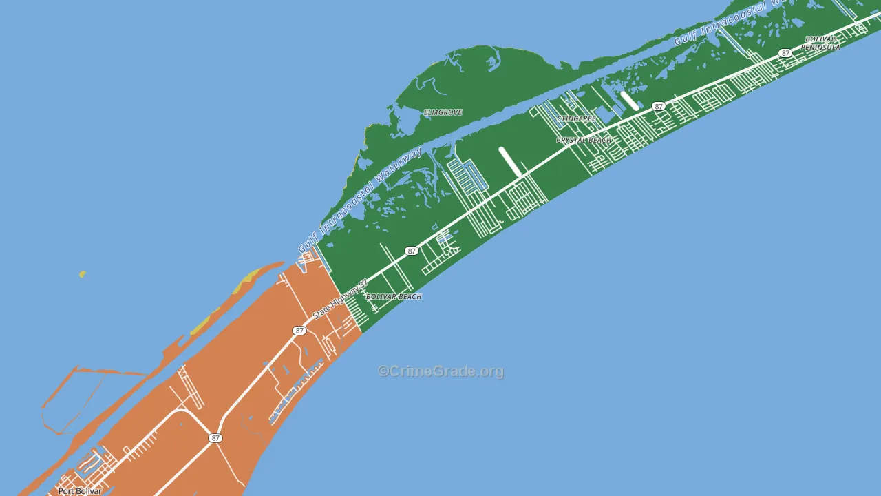 Bolivar Peninsula, TX Map of Vehicle Theft Rates