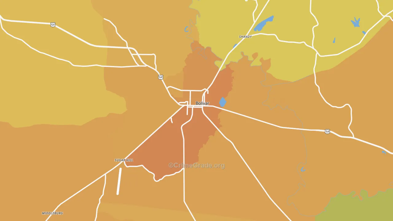 Bolivar, TN Map of Vehicle Theft Rates