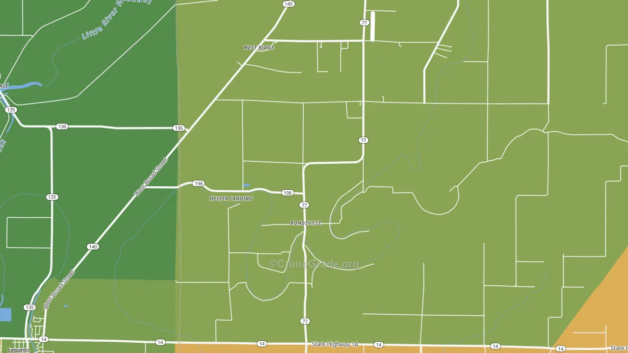 Bondsville, AR Map of Vehicle Theft Rates