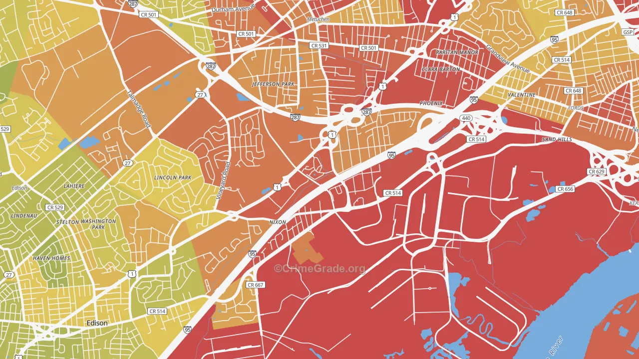 Bonhamtown, Edison, NJ Map of Vehicle Theft Rates