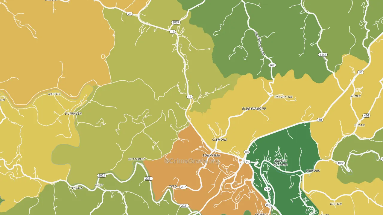 Bonnyman, KY Map of Vehicle Theft Rates