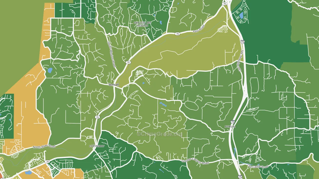 Bonsall, CA Map of Vehicle Theft Rates