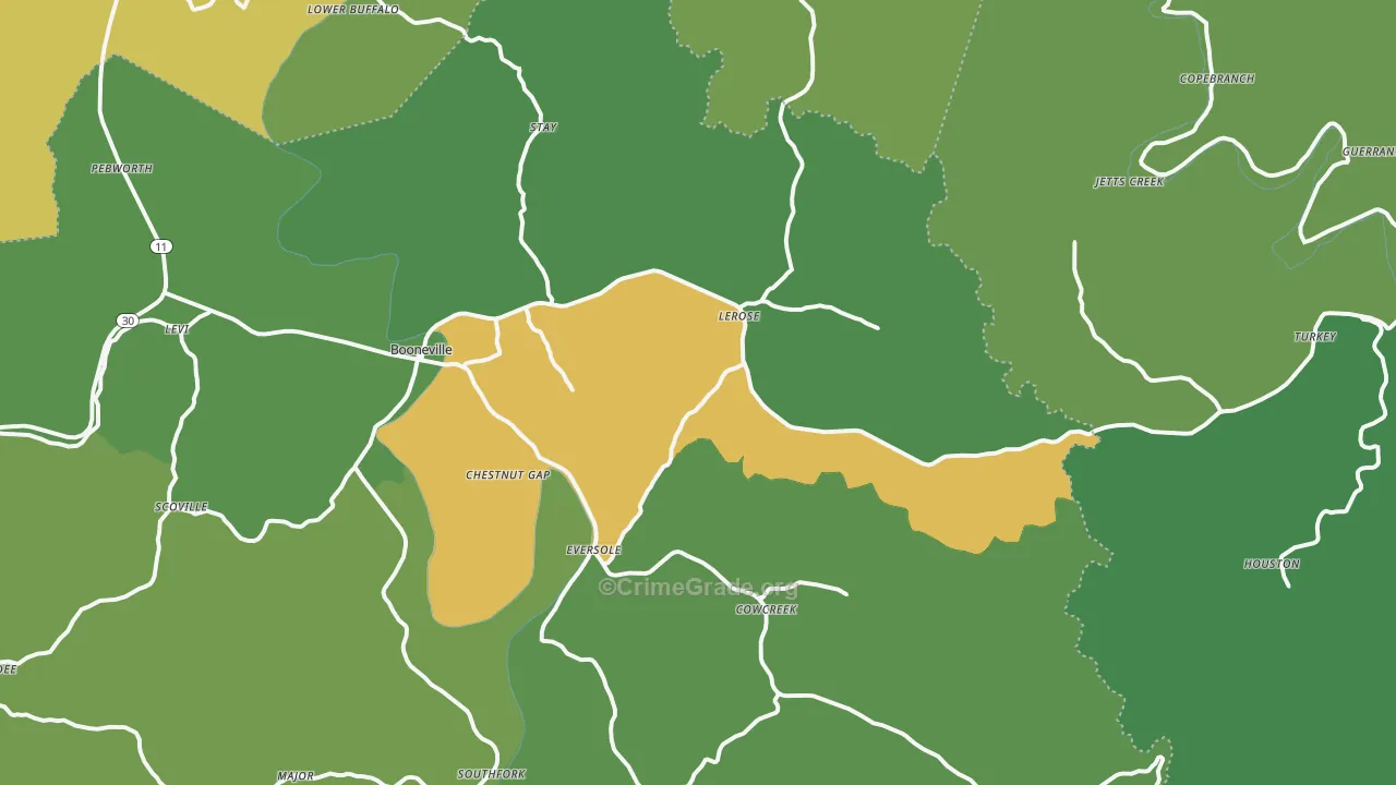 Booneville, KY Map of Vehicle Theft Rates