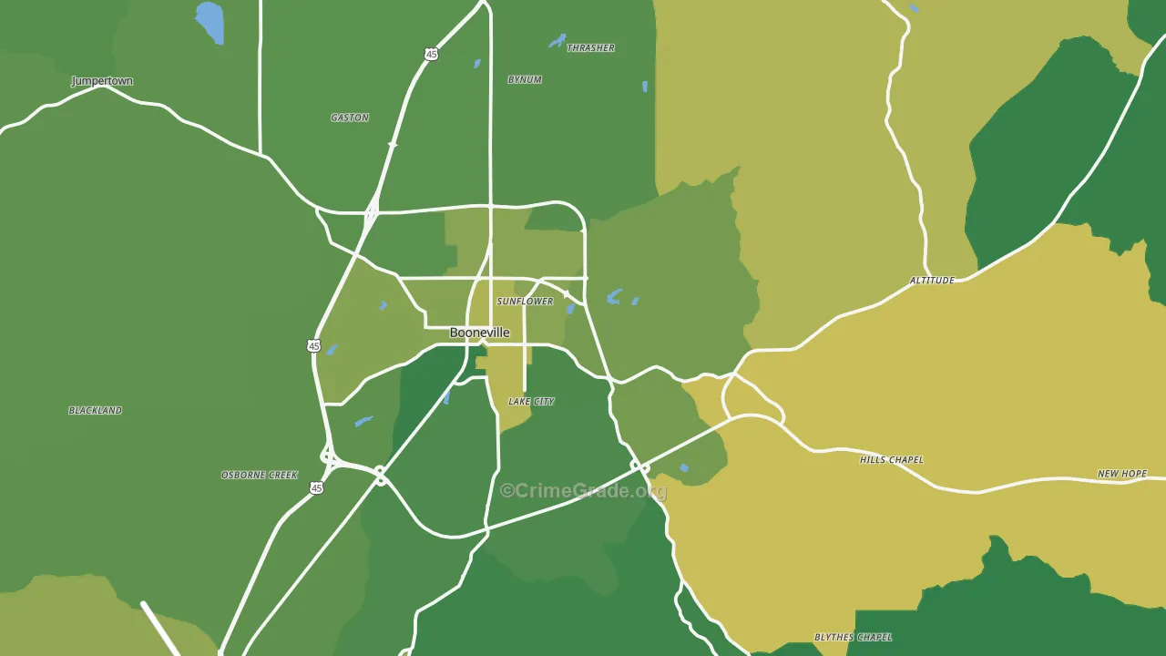 Booneville, MS Map of Vehicle Theft Rates