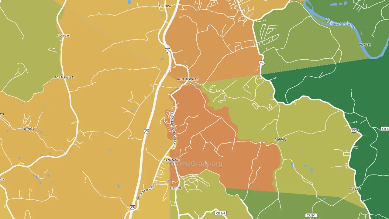 Boothsville, WV Map of Vehicle Theft Rates