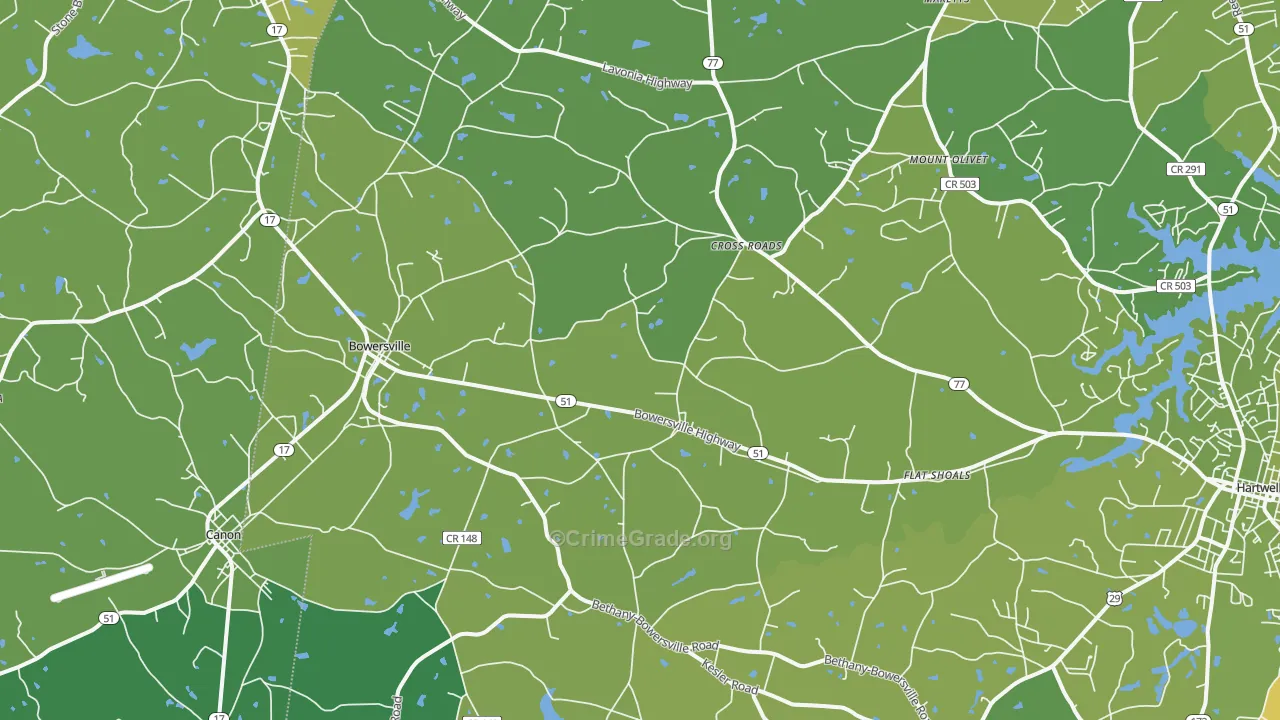 Bowersville, GA Map of Vehicle Theft Rates