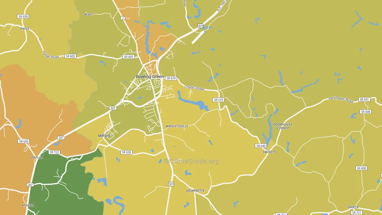 Bowling Green, VA Map of Vehicle Theft Rates