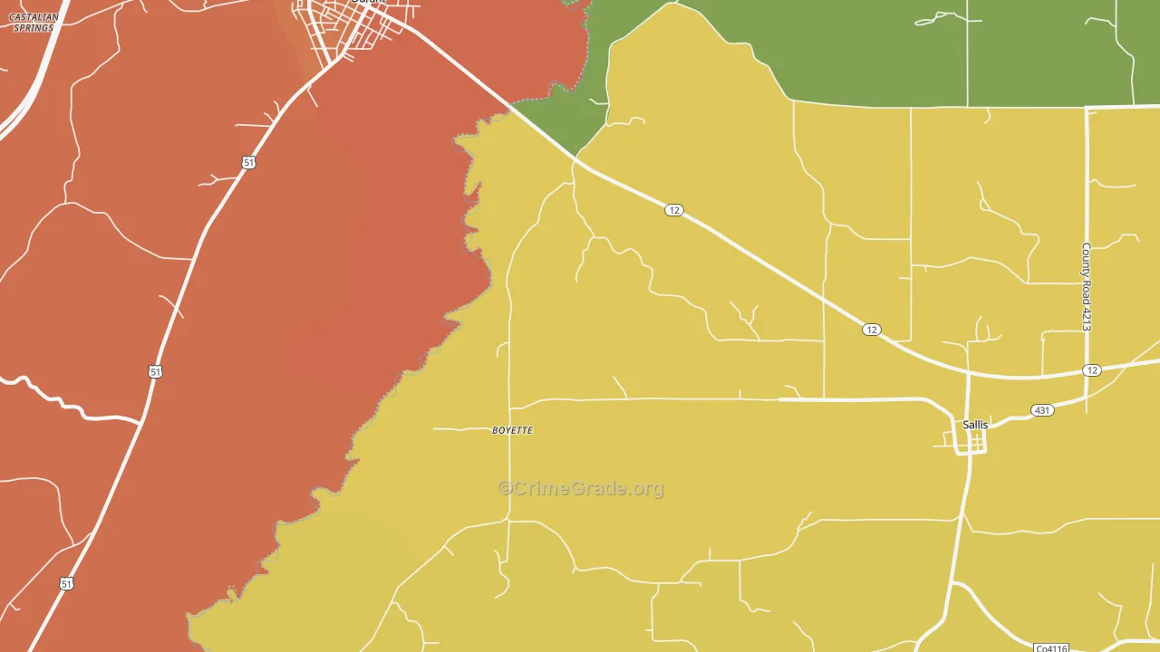 Boyette, MS Map of Vehicle Theft Rates
